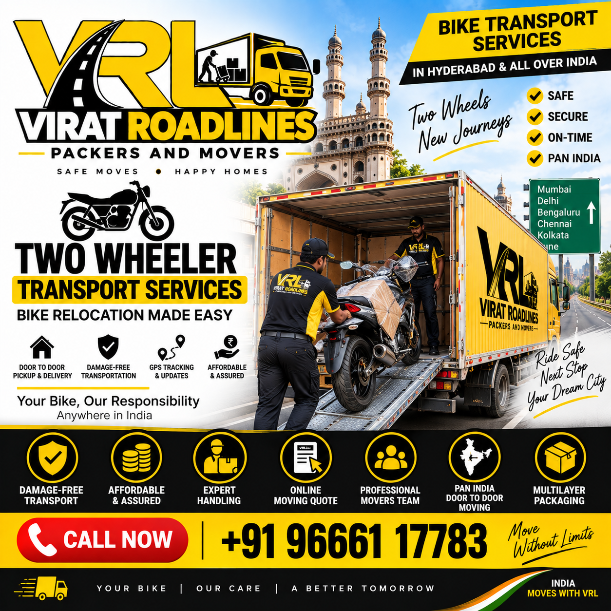 Bike and Two Wheeler Transport Services from Hyderabad by VRL Packers and Movers