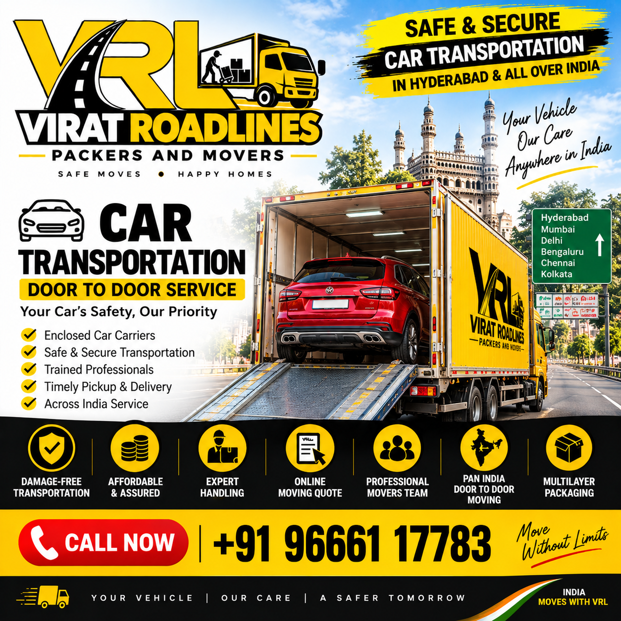 Car Transportation Services from Hyderabad by VRL Packers and Movers